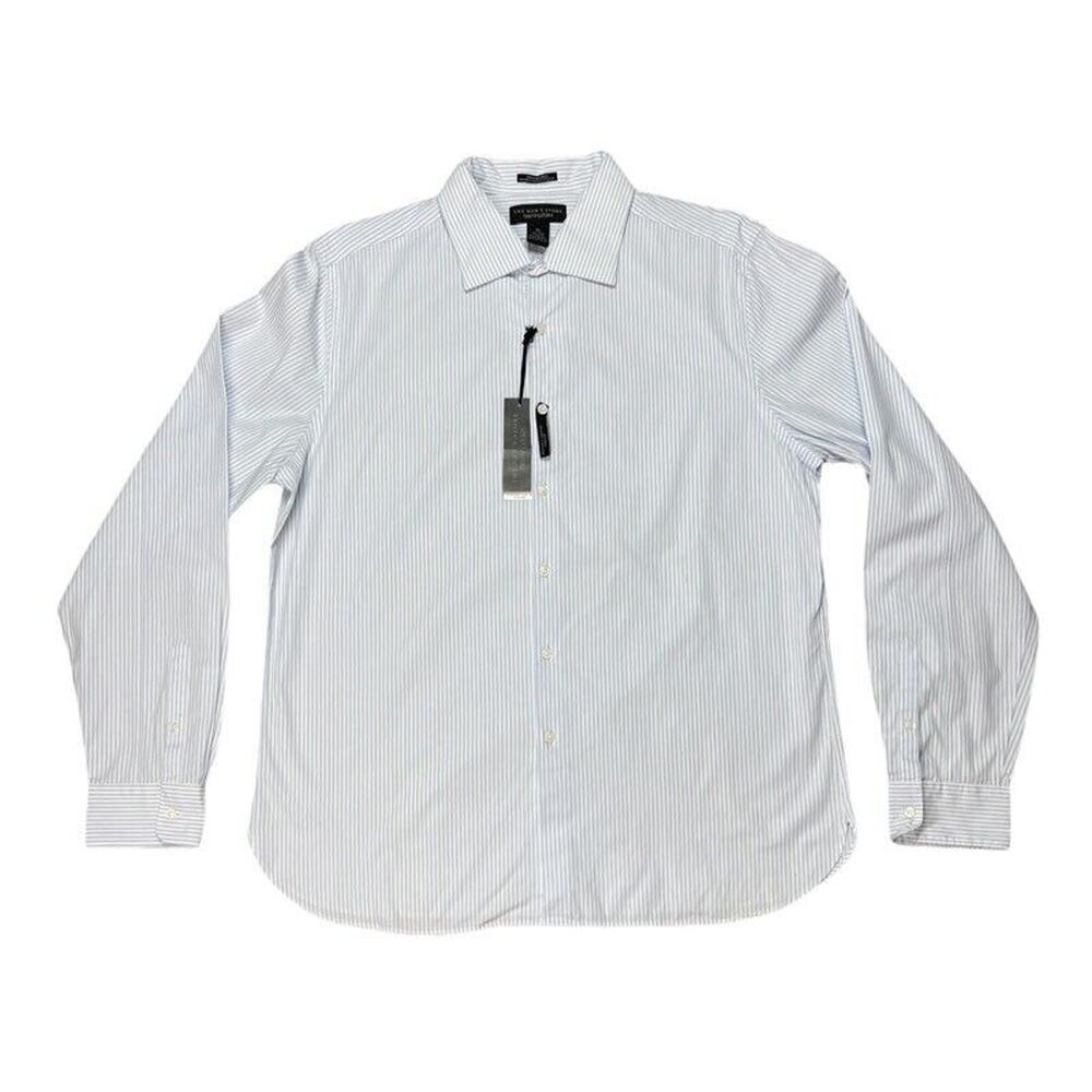 Bloomingdales Mens Button Up Shirt Blue Striped Spread Collar Stretch XL New‎